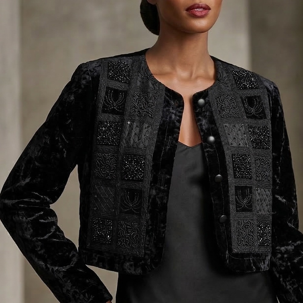 Vintage Women Cropped Black Velvet Jacket S Whimsigoth Artsy‎ Patchwork Beaded